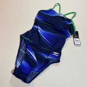 Speedo Womens Endurance+ One-Piece Swimsuit 6/32 Navy/Green Racing Cut